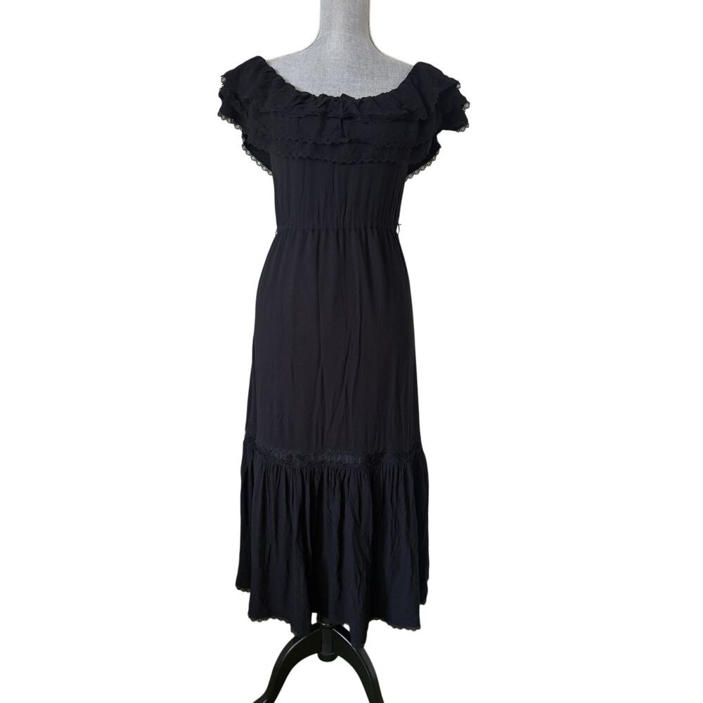 Alice & Olivia Off the Shoulder Black Tiered Midi Ruffle Dress Whimsigoth Sz 2